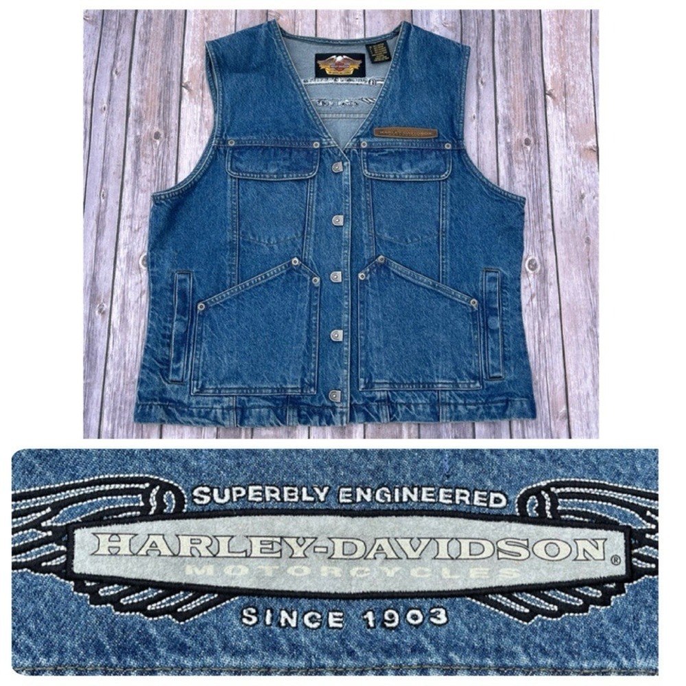 Vintage Harley Davidson Motorcycle Vest L Trucker Denim Jean Sleeveless Jacket - Picture 2 of 10